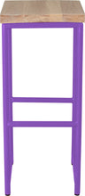 Load image into Gallery viewer, Purple metal stool with whitewash stain ash wood made in UK - front view round frame

