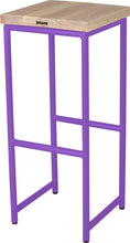 Load image into Gallery viewer, Purple metal stool with whitewash stain ash wood made in UK - back side view round frame
