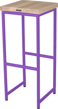 Load image into Gallery viewer, Purple metal stool with whitewash stain ash wood made in UK - back side view round frame
