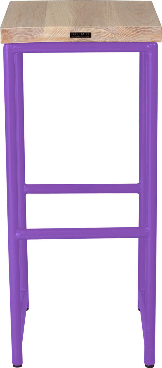 Purple metal stool with whitewash stain ash wood made in UK - back view round frame