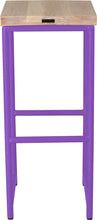 Load image into Gallery viewer, Purple metal stool with whitewash stain ash wood made in UK - back view round frame
