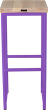 Load image into Gallery viewer, Purple metal stool with whitewash stain ash wood made in UK - back view round frame
