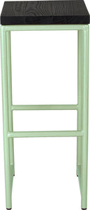Mint green metal stool with black stain ash wood made in UK - front view round frame