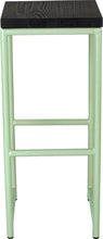 Load image into Gallery viewer, Mint green metal stool with black stain ash wood made in UK - front view round frame
