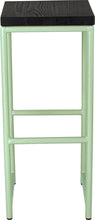 Load image into Gallery viewer, Mint green metal stool with black stain ash wood made in UK - front view round frame

