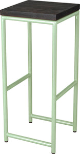 Mint green metal stool with black stain ash wood made in UK - angle view round frame