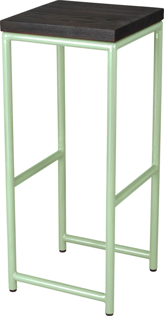 Mint green metal stool with black stain ash wood made in UK - angle view round frame