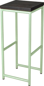 Mint green metal stool with black stain ash wood made in UK - angle view round frame
