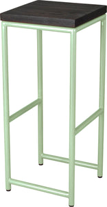 Mint green metal stool with black stain ash wood made in UK - angle view round frame