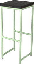 Load image into Gallery viewer, Mint green metal stool with black stain ash wood made in UK - back side view round frame
