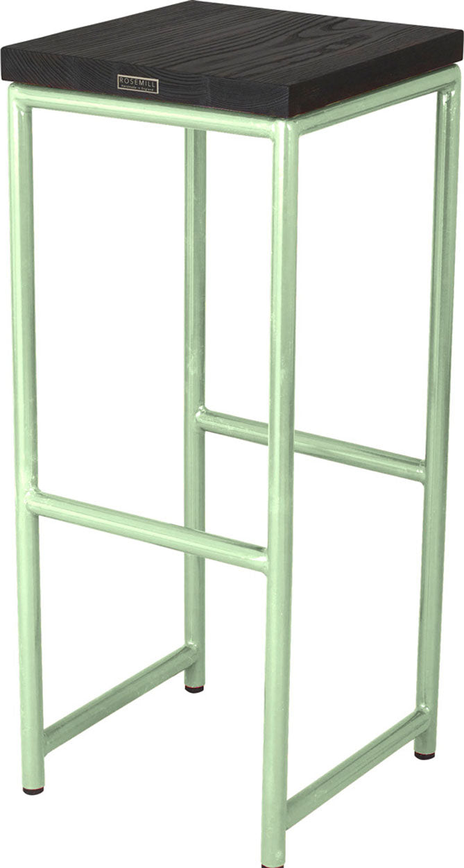 Mint green metal stool with black stain ash wood made in UK - back side view round frame