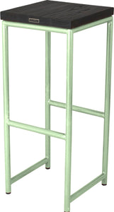 Mint green metal stool with black stain ash wood made in UK - back side view round frame