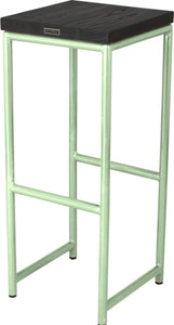 Mint green metal stool with black stain ash wood made in UK - back side view round frame