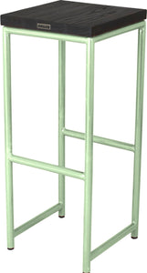 Mint green metal stool with black stain ash wood made in UK - back side view round frame
