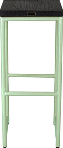 Mint green metal stool with black stain ash wood made in UK - back view round frame