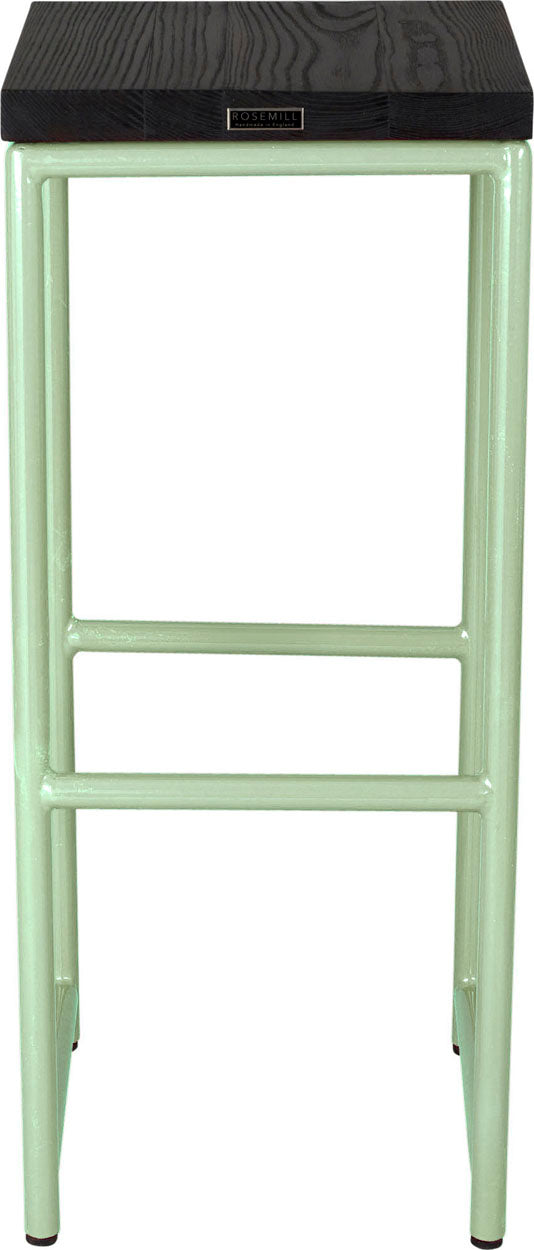 Mint green metal stool with black stain ash wood made in UK - back view round frame