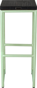 Mint green metal stool with black stain ash wood made in UK - back view round frame