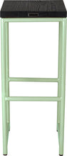 Load image into Gallery viewer, Mint green metal stool with black stain ash wood made in UK - back view round frame
