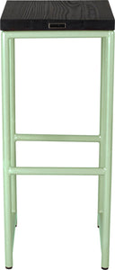 Mint green metal stool with black stain ash wood made in UK - back view round frame