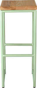 Mint green metal stool with natural stain ash wood made in UK - front view round frame