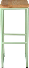 Load image into Gallery viewer, Mint green metal stool with natural stain ash wood made in UK - front view round frame
