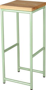 Mint green metal stool with natural stain ash wood made in UK - angle view round frame