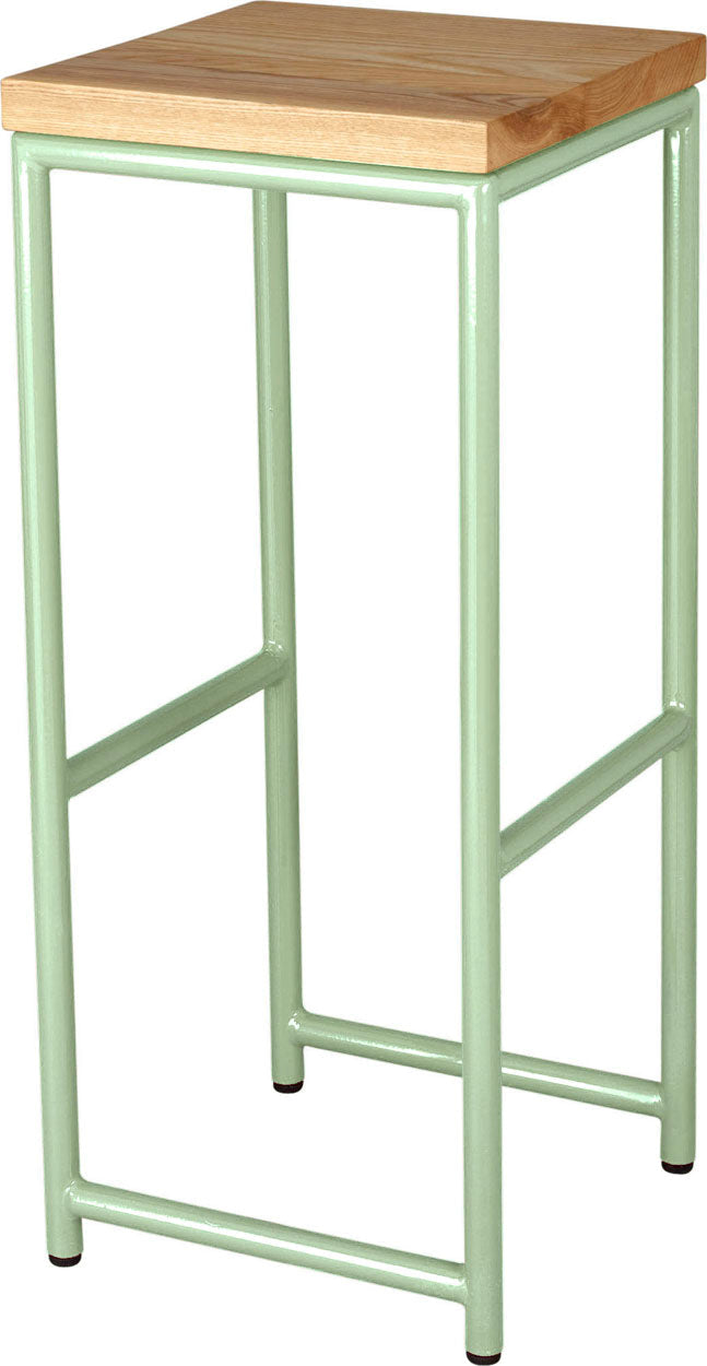 Mint green metal stool with natural stain ash wood made in UK - angle view round frame