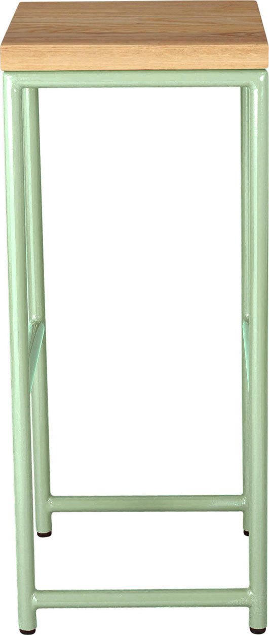 Mint green metal stool with natural stain ash wood made in UK - side view round frame