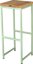 Load image into Gallery viewer, Mint green metal stool with natural stain ash wood made in UK - back side view round frame
