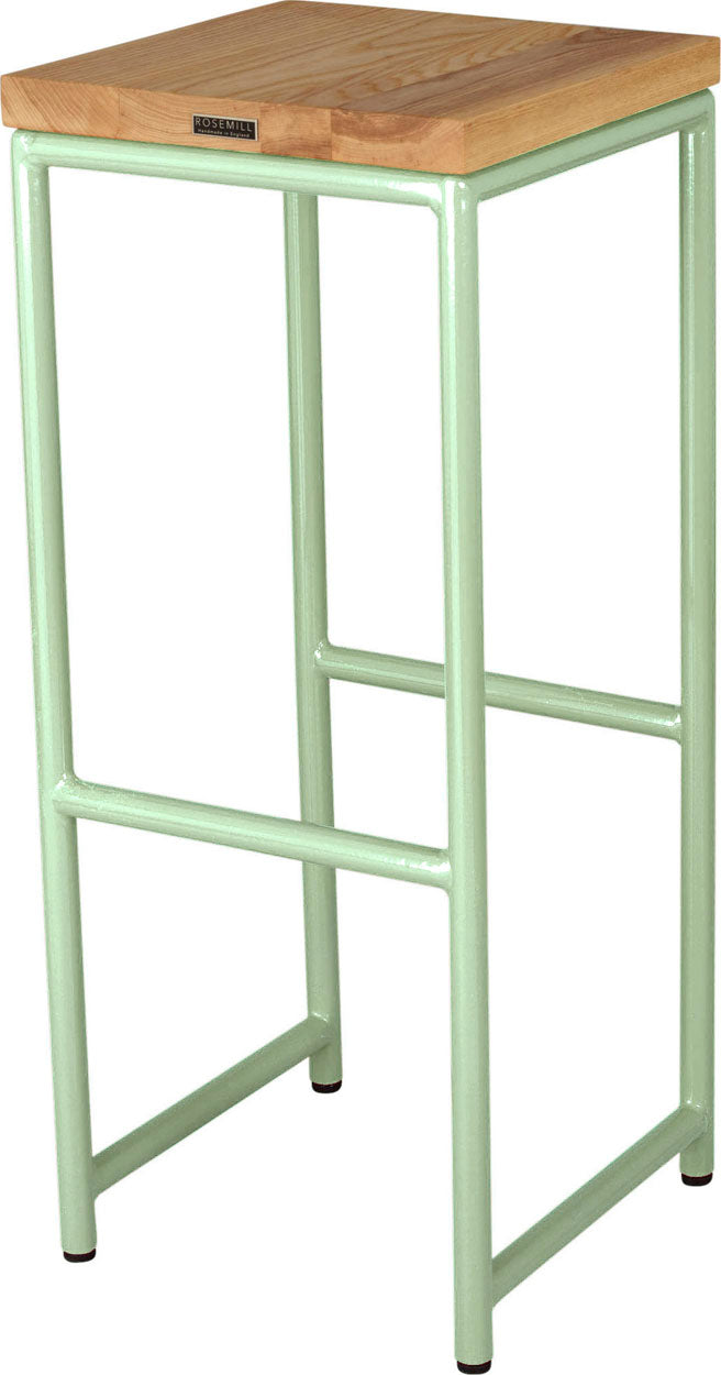 Mint green metal stool with natural stain ash wood made in UK - back side view round frame