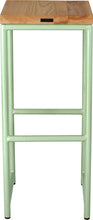 Load image into Gallery viewer, Mint green metal stool with natural stain ash wood made in UK - back view round frame
