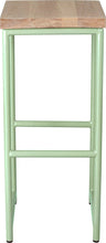 Load image into Gallery viewer, Mint green metal stool with whitewash stain ash wood made in UK - front view round frame
