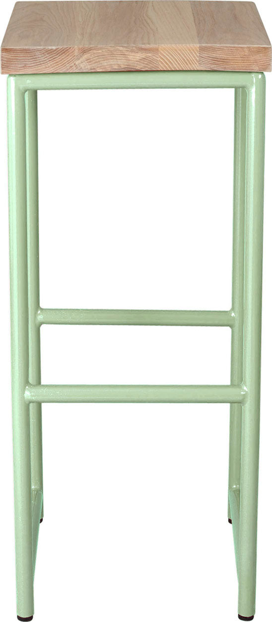 Mint green metal stool with whitewash stain ash wood made in UK - front view round frame