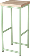 Load image into Gallery viewer, Mint green metal stool with whitewash stain ash wood made in UK - angle view round frame
