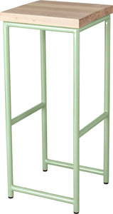 Mint green metal stool with whitewash stain ash wood made in UK - angle view round frame