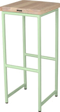 Load image into Gallery viewer, Mint green metal stool with whitewash stain ash wood made in UK - back side view round frame

