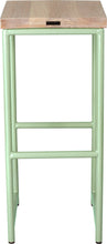 Load image into Gallery viewer, Mint green metal stool with whitewash stain ash wood made in UK - back view round frame
