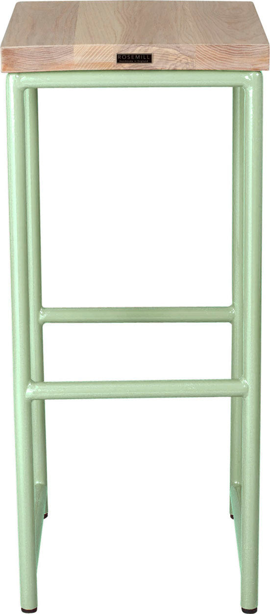 Mint green metal stool with whitewash stain ash wood made in UK - back view round frame