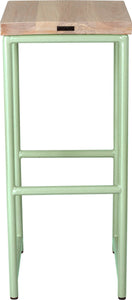 Mint green metal stool with whitewash stain ash wood made in UK - back view round frame