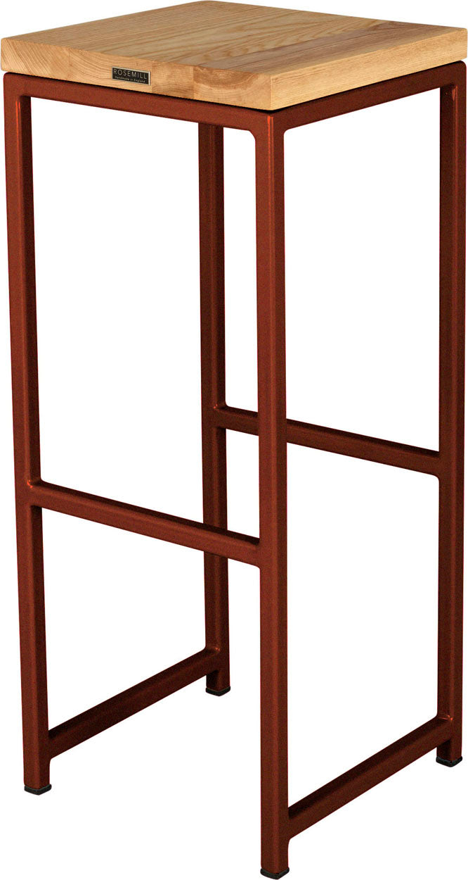 Copper metal stool with natural stain ash wood made in UK - back side view square frame