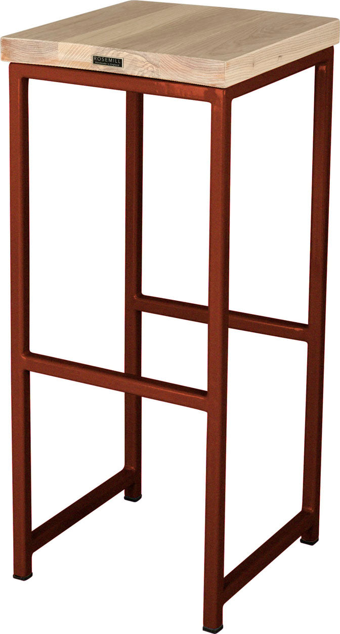 Copper metal stool with whitewash stain ash wood made in UK - back side view square frame