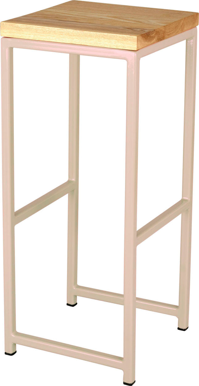 Off white metal stool with natural stain ash wood made in UK - angle view square frame