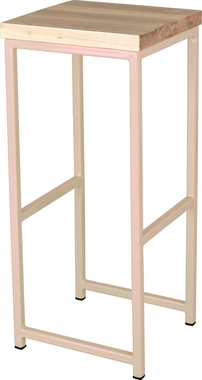 Off white metal stool with whitewash stain ash wood made in UK - angle view square frame
