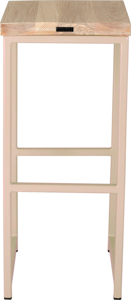 Off white metal stool with whitewash stain ash wood made in UK - back view square frame