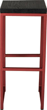 Load image into Gallery viewer, Crimson red metal stool with black stain ash wood made in UK - front view square frame
