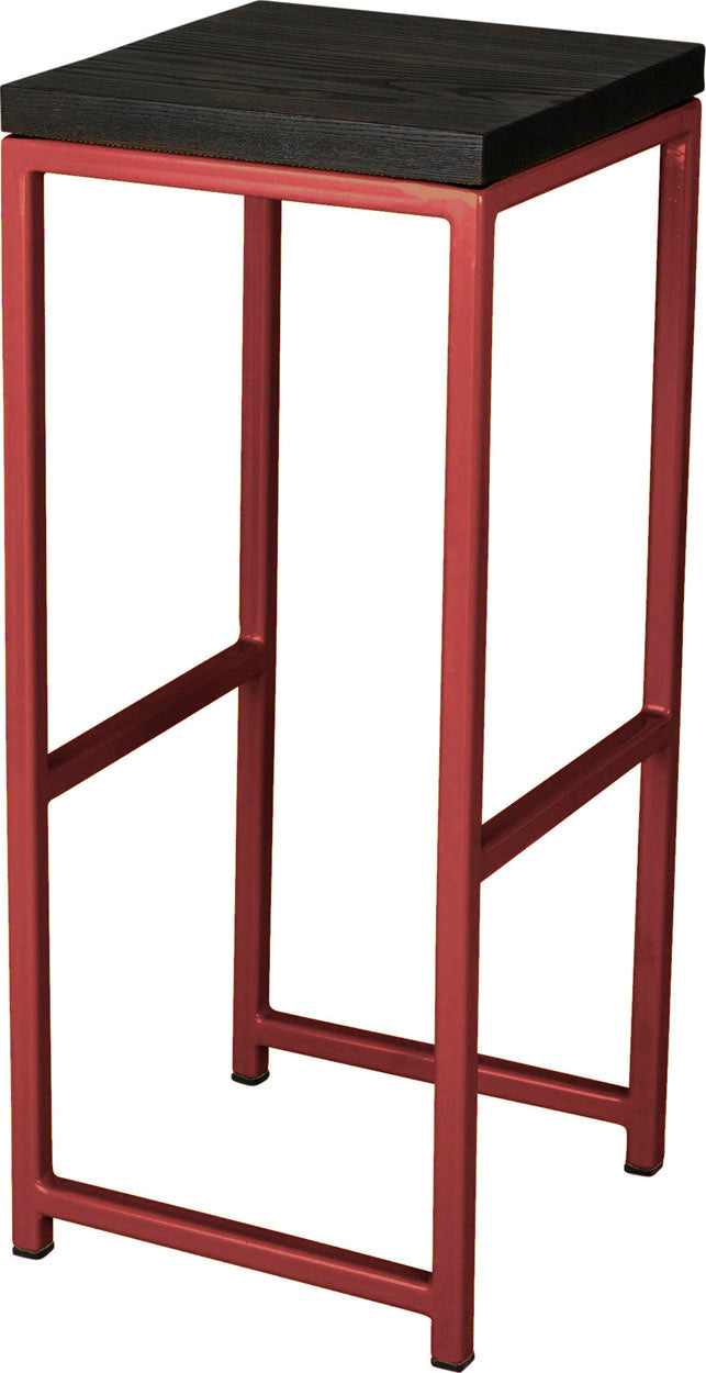 Crimson red metal stool with black stain ash wood made in UK - angle view square frame