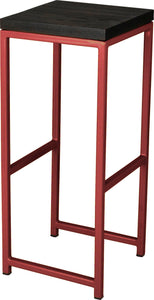 Crimson red metal stool with black stain ash wood made in UK - angle view square frame