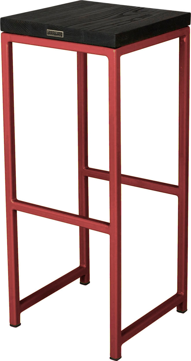 Crimson red metal stool with black stain ash wood made in UK - back side view square frame