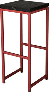 Crimson red metal stool with black stain ash wood made in UK - back side view square frame
