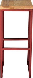 Crimson red metal stool with natural stain ash wood made in UK - front view square frame